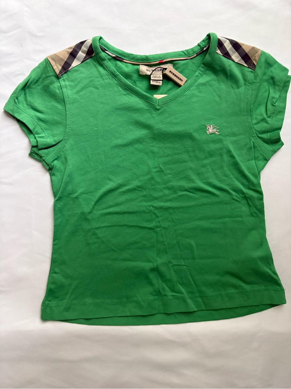Burberry V-Neck Short Sleeve Tee with Check Shoulder Panels